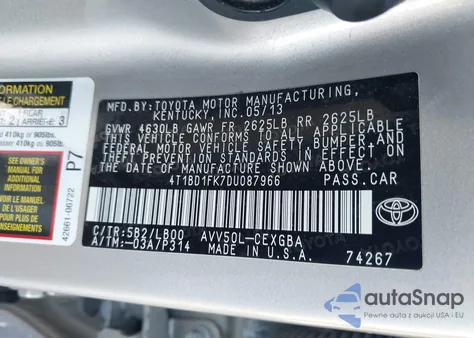 2013 Toyota Camry Hybrid Xle from USA, damaged, VIN 4T1BD1FK7DU087966